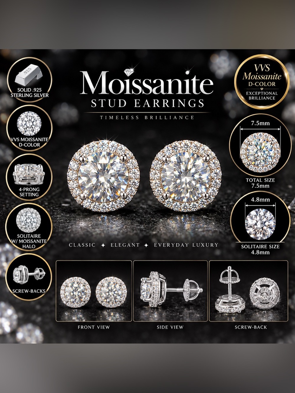 .925 Sterling Silver 1ct. VVS Moissanite Solitaire Halo Stud Earrings - Picture 3 of 14